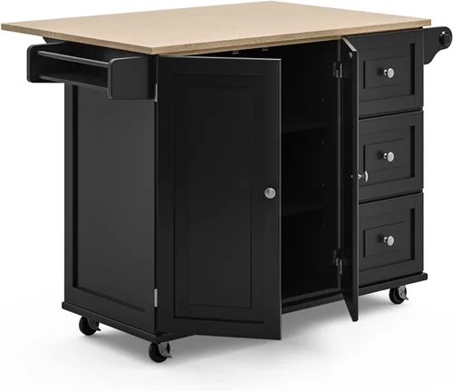 Vista 5 de Homestyles Dolly Madison Carrito de Isla de Cocina Móvil Negro con Barra de Desayuno de Hoja Plegable de Madera
