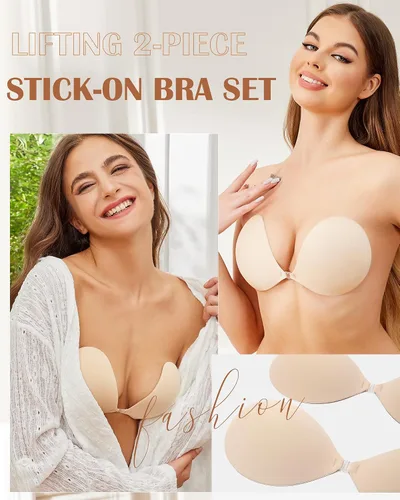 Vista 2 de HORISUN Brasier adhesivo sin tirantes, 2 pares de sujetadores con realce para mujer, invisible, reutilizable, sin espalda, con cubiertas