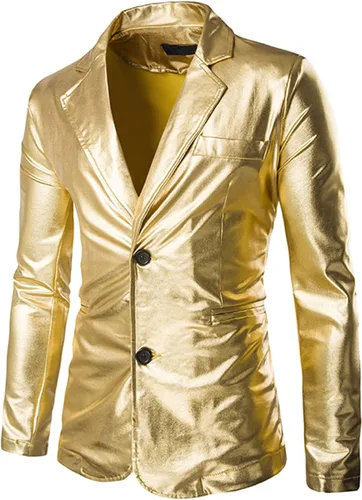 Vista 2 de Traje brillante de 2 piezas para hombre, para club nocturno, metálico, estilo moto, blazer de 2 botones, esmoquin, para fiesta, discoteca, conjunto