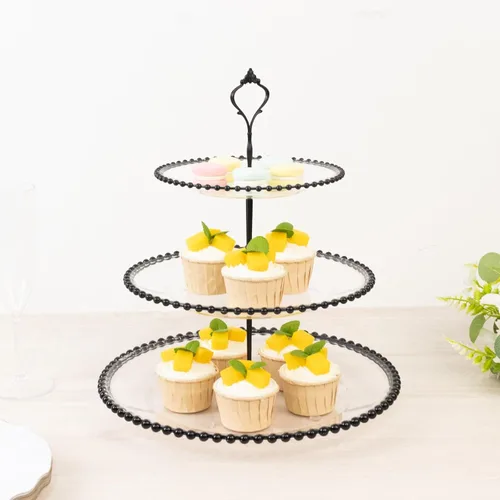 Vista 12 de Efavormart - Soporte de plástico transparente para cupcakes de 3 niveles con borde barroco dorado en relieve, soporte redondo de postres