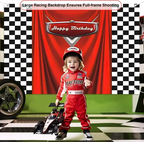 Vista 5 de Fondo de cumpleaños de coche con bandera de carreras, 5 x 3 pies, fondo de fotos de carreras a cuadros duradero para decoraciones de cumpleaños