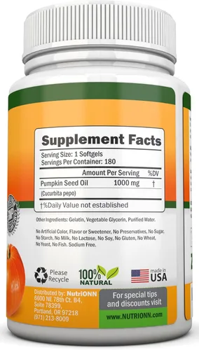Vista 2 de Aceite de semilla de calabaza - 1000 mg - 180 cápsulas blandas - Aceite de semilla de calabaza natural prensado en frío - Fuente natural de ácidos