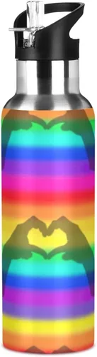 Vista 8 de Rainbow Stripes - Botella de agua aislada de acero inoxidable con pajilla, botellas de agua a prueba de fugas, botella de agua deportiva sin BPA