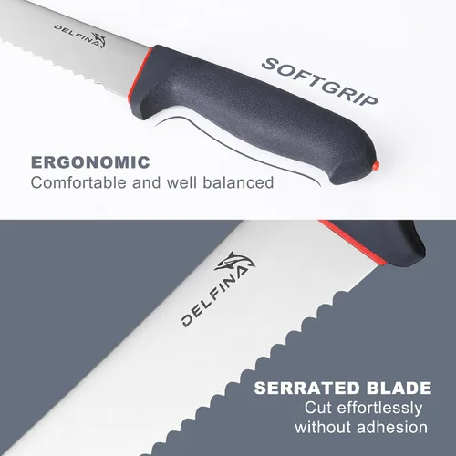 Vista 2 de DELFINA Cuchillo de pan de 10 pulgadas para masa madre de pan casero con agarre suave, cuchillo de pan dentado, borde ondulado, con funda para panes