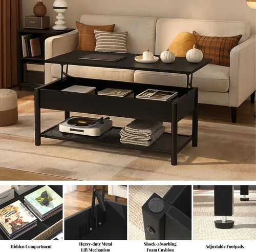 Vista 6 de Homieasy - Mesa de café, mesa de centro con tablero elevado y estante de almacenamiento con compartimento oculto, mesa moderna con tablero elevado