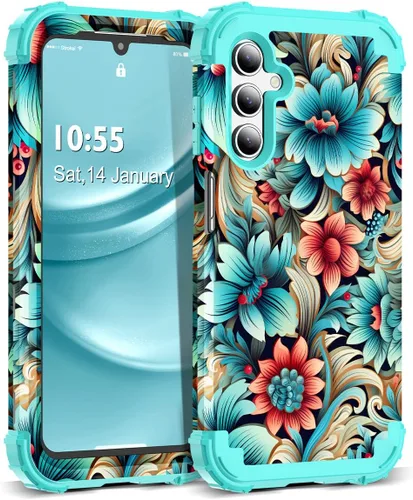 Vista 81 de Funda para Galaxy A14 5G Case, Patrón Floral 3 en 1 Protección Resistente de Servicio Pesado a Prueba de Golpes Parachoques de Goma de Silicona