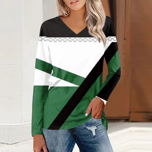 Vista 3 de Blusa de manga larga para mujer, con cuello en V, holgada, informal, estampada, de manga larga, túnicas