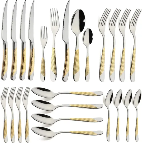 Vista 8 de Juego de cubiertos dorados de acero inoxidable de 60 piezas, juego de cubiertos de cocina, juego de utensilos de mesa para la cocina, incluye