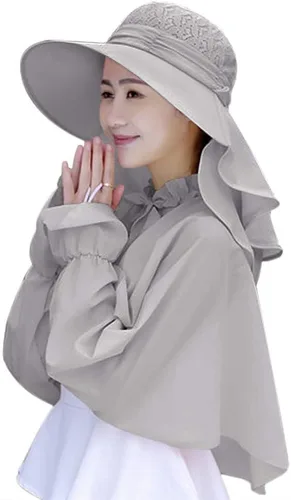 Vista 8 de Sombrero de sol de verano para mujer, de ala ancha, enrollable, con cubierta protectora para el cuello, protección solar UV, para ciclismo al aire