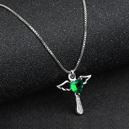 Vista 4 de Collar con dije de corazón y piedra natal de ángel, para mujer, circonita cúbica, ala de ángel, dije de corazón, regalo para San Valentín, cumpleaños