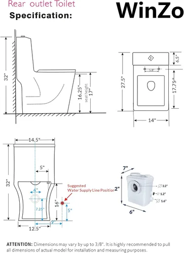 Vista 6 de WinZo Inodoro rectangular con salida trasera con bomba maceradora de 450 W, sistema de descarga ascendente para baño de sótano, cuenco cuadrado