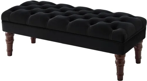 Vista 5 de 24KF Banco de entrada tapizado con botones capitoné de terciopelo con pata de madera maciza, banco de cama otomano con asiento acolchado, 5061N-Negro