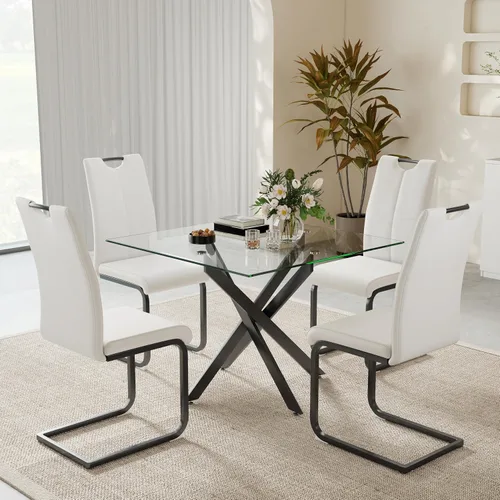 Vista 14 de 36-Inch Square Glass Dining Table Set with 4 Faux Leather High-Back Chairs - Modern Metal Cross-Leg Table with Comfortable C-Leg Seats for Modern