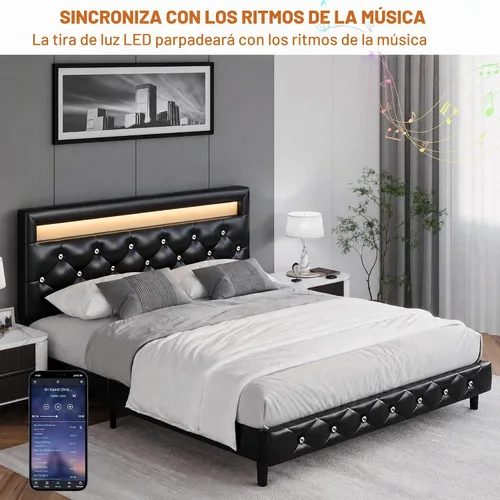 Vista 5 de Base de cama tapizada moderna tamaño Queen con luces LED, marco de cama de plataforma de piel sintética de perfil bajo, cabecero ajustable