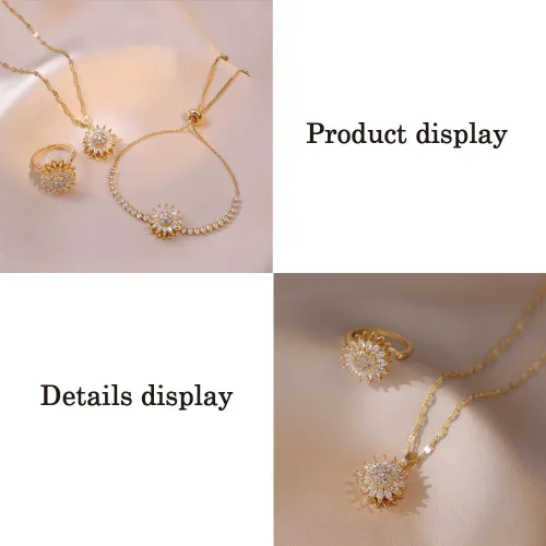 Vista 2 de Pulsera giratoria de girasol para mujer, collar de girasol, anillo ajustable, accesorios de joyería de flores, regalos, collar, accesorios, pulsera