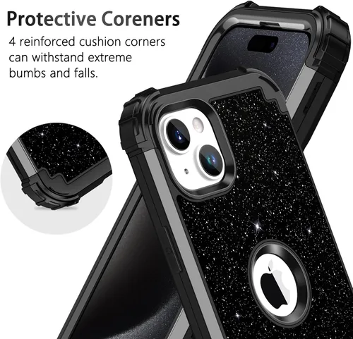 Vista 5 de LONTECT Funda para iPhone 15 Plus con purpurina brillante 3 en 1, a prueba de golpes, resistente, híbrida, resistente, funda protectora de alto