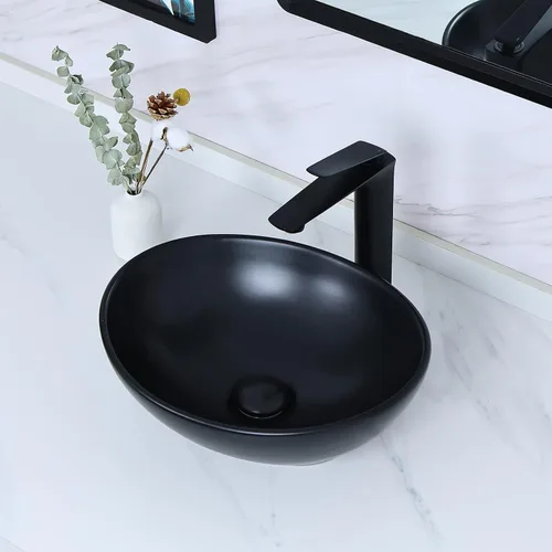 Vista 2 de Davivy Fregadero ovalado negro mate de 15.7 x 13 pulgadas con drenaje desplegable, fregaderos de baño sobre encimera, fregaderos de baño, fregaderos