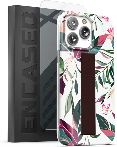 Vista 8 de ENCASED Funda para iPhone 14 PRO con correa de mano y protector de pantalla (anillo de mármol dorado)