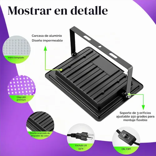Vista 2 de Paquete de 4 luces LED negras de 100 W, luz de inundación UV