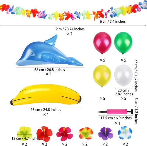 Vista 2 de Ruisita Juego inflable de 57 piezas para fiesta Luau, incluye palmeras inflables, plátano, bolas de playa, flamenco, juguetes de flamenco, loro