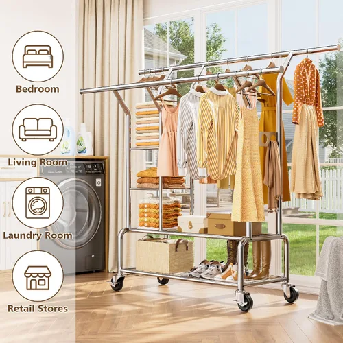Vista 8 de Perchero resistente con ruedas para colgar ropa 4-Tier Shelves, Extendable Rod, Stainless Steel, Rolling Clothing Rack, Garment Rack Load Over 630