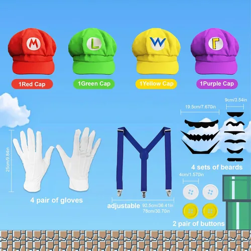 Vista 2 de Juego de 4 disfraces de Halloween de Super Bros para adultos, accesorios de sombreros de Super Bros Mary Luigi, gorras, bigotes, tirantes, guantes