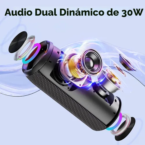 Vista 2 de Altavoz Bluetooth portátil, altavoz Bluetooth 5.4, altavoz dual de 30 W, canal 2.0, graves profundos, tiempo de reproducción de 30 horas, luces RGB