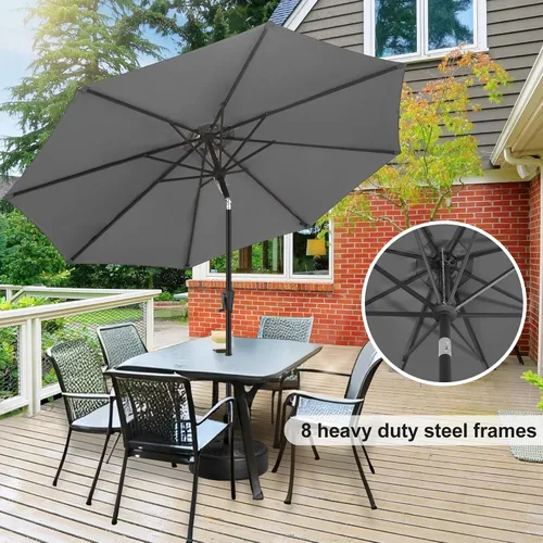 Vista 4 de FLAME&SHADE Sombrilla de patio de 11 pies, sombrilla de mesa para exteriores con botón de inclinación y manivela, protección UV, 8 varillas
