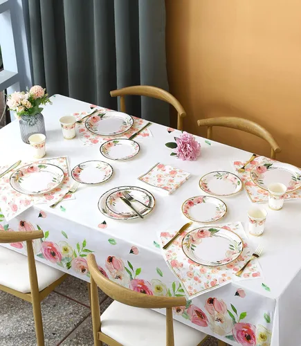 Vista 4 de Platos y servilletas de papel florales para fiesta - Sirve para 16 - Platos florales Tazas florales Cuchillos Tenedores Decoraciones de baby shower