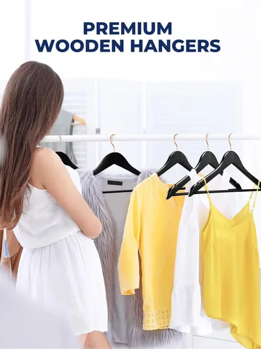Vista 7 de Smartor Paquete de 20 perchas de madera maciza para armario, perchas de madera resistente para trajes, camisas, vestidos, con gancho de oro rosa