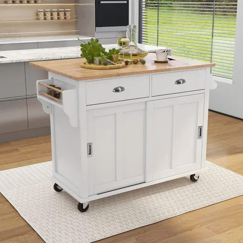 Vista 12 de Delicate Rolling Kitchen Island Cart with Rubber Wood Drop-Leaf Countertop and Lockable Rollers,Storage Cabinet and 2 Drawers,Sliding Barn Door