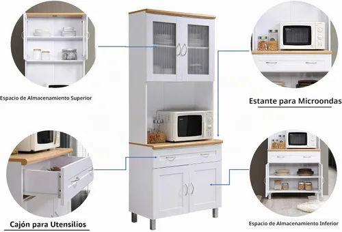 Vista 8 de HODEDAH IMPORT - Armario de cocina alto con espacio cerrado superior e inferior, 1 cajón, gran espacio abierto para microondas en color blanco