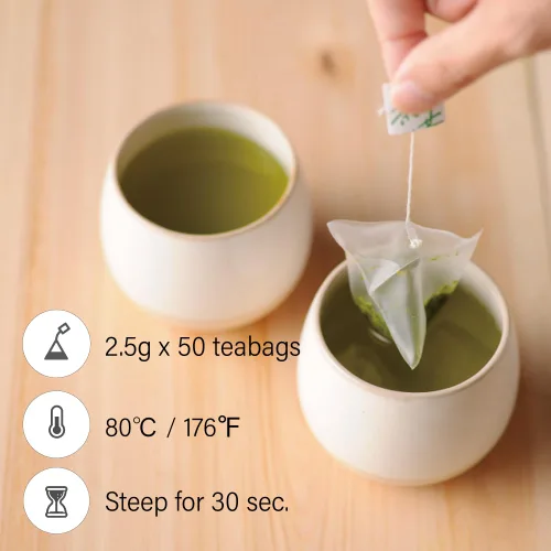 Vista 3 de Té verde Fukamushicha Sencha prémium de 2.5 gx50 bolsitas de té para taza de Kakegawa, Japón IORI by KIMIKURA Té japonés KIMIKURA