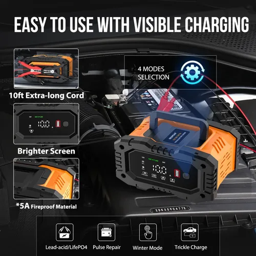 Vista 4 de NEXPEAK NC202 Cargador de Batería de 10 Amperios, Cargador de Batería Portátil para Automóvil de 12V 24V LiFePO4 Ácido de Plomo, Cargador por Goteo
