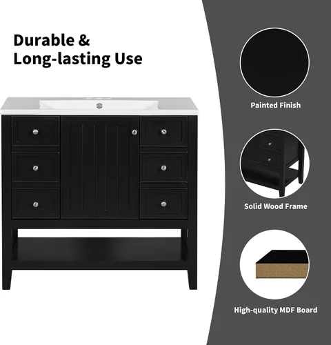 Vista 7 de Merax Mueble de baño de 35.5 pulgadas sin fregadero, solo base de gabinete, armario de baño con puerta individual y 3 cajones, color negro