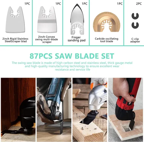Vista 4 de 87 cuchillas oscilantes para herramientas, multiherramienta de liberación rápida de plástico de metal de madera, accesorios con papel de lija