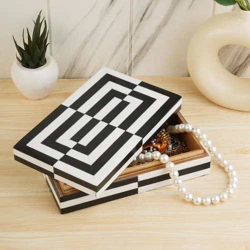 Vista 3 de Caja de almacenamiento de joyas con ilusión 3D en blanco y negro, organizador geométrico decorativo para aretes, collares y recuerdos, caja