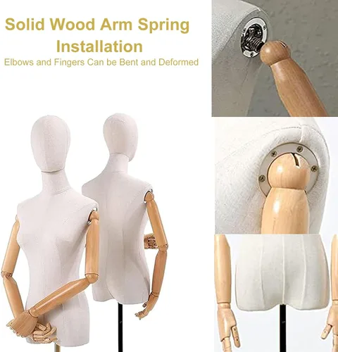 Vista 5 de Vestido de maniquí femenino con forma de torso, cuerpo de maniquí de exhibición con cabeza desmontable, manos de madera y soporte dorado de altura