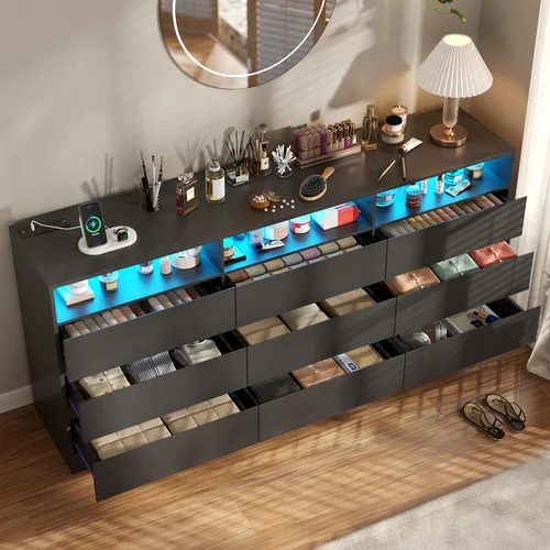 Vista 3 de Cómoda de 9 cajones con toma de corriente, cómoda moderna con luz LED, soporte de TV de madera, organizador de aparadores doble ancho para armario