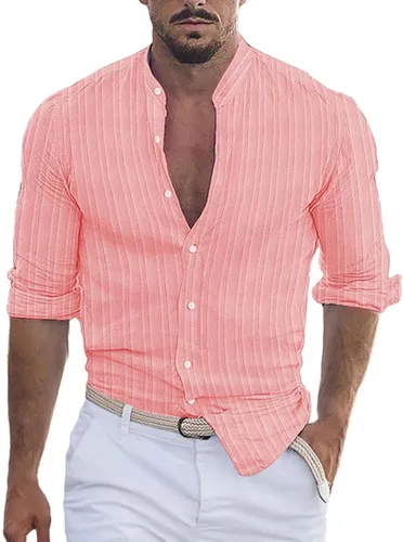 Vista 21 de Camisa de lino de algodón para hombre, manga larga con botones, cuello alto con bandas para playa y verano