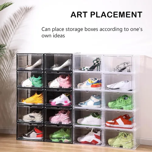 Vista 6 de Attelite Organizador grande y transparente para zapatos, caja de almacenamiento apilable de plástico con puerta magnética, contenedores grandes