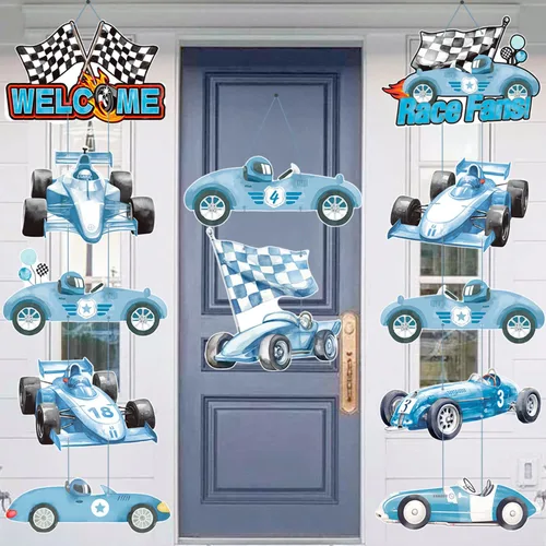 Vista 2 de Letrero de porche de carreras de autos de carreras, decoración de cumpleaños de carreras, autos de carreras azules, pancartas recortadas para colgar