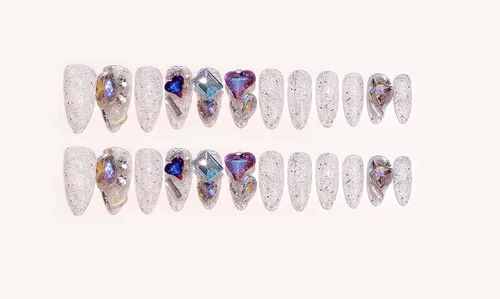Vista 6 de QQPPOLIU Uñas postizas medianas a presión con forma de almendra, uñas postizas hechas a mano con pegamento con diamantes de imitación grandes 3D