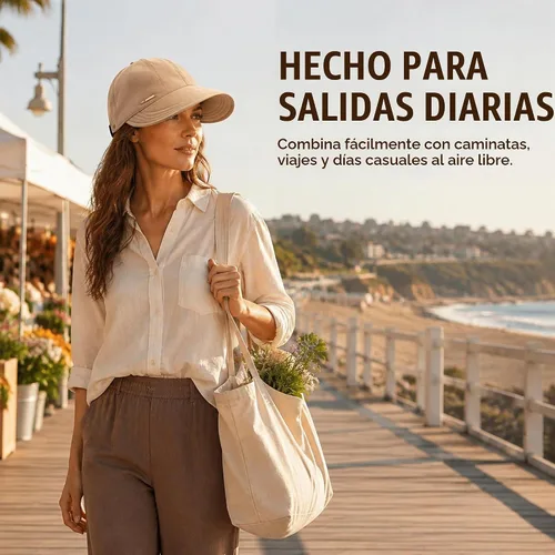Vista 7 de Sombrero de sol de ala ancha para mujer con agujero para cola de caballo y Blanco sucio