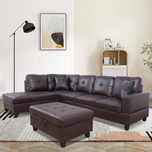 Vista 13 de Juego de sofá seccional de cuero para sala de estar, juego de 3 piezas con almacenamiento otomano negro para sala de estar/dormitorio/apartamento