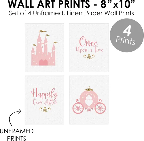 Vista 4 de Big Dot of Happiness Little Princess Crown - Arte de pared de papel de lino sin marco rosa y dorado para habitación de niños y habitación de niños