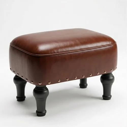 Vista 9 de Cmishe Reposapiés otomano de cuero, reposapiés vintage, asiento tapizado de espuma gruesa, reposapiés de madera, banco para zapatos debajo del Negro