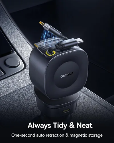 Vista 9 de Baseus Cargador de coche retráctil de 163 W USB C de carga rápida, PrimeTrip VR2 Max 4 en 1, cargador de coche rápido con cable USB C retráctil dual