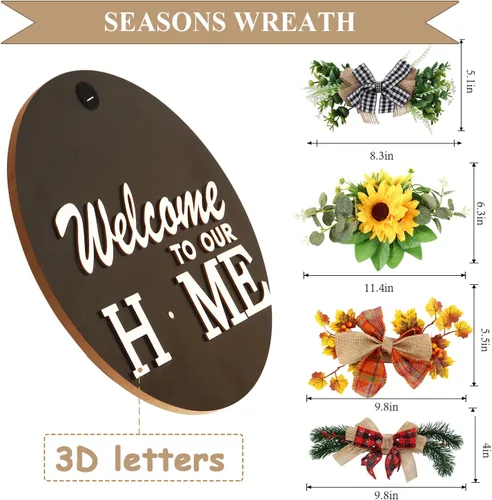 Vista 6 de Señal de bienvenida intercambiable para decoración de puerta delantera con 4 coronas de temporada y 14 iconos festivos, colgador de puerta de Negro