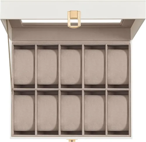 Vista 7 de SONGMICS Caja de reloj, regalos de Navidad, caja de reloj de 10 ranuras con tapa de vidrio grande, almohadas de reloj extraíbles, organizador